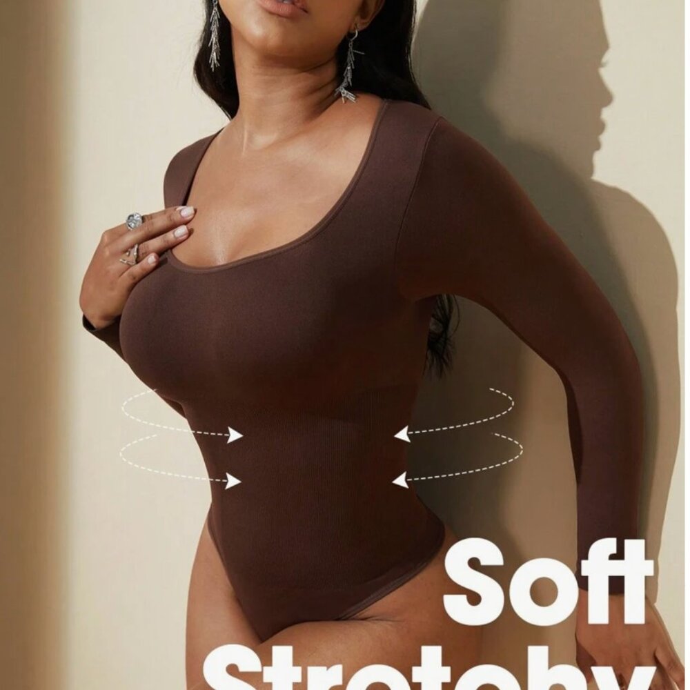 Seamless Long Sleeve Scoopneck Bodysuit Shaper With Thong